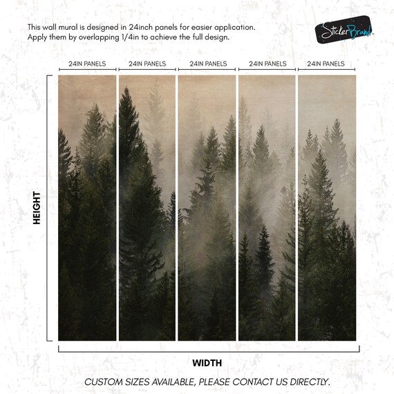 Misty Pine Forest Landscape Wall Mural – Peel & Stick Vinyl Wallpaper #6237, Made In USA