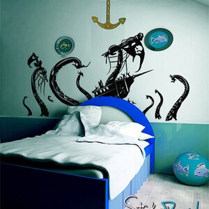 Kid's Bedroom Nursery Decor with Pirate Ship Giant Octopus Wall Decal Sticker. Boy's Room Wall Decoration. GFoster166 image 6