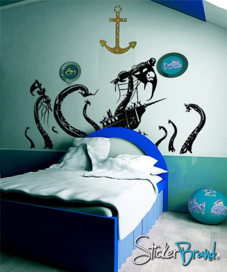 Kid's Bedroom Nursery Decor with Pirate Ship Giant Octopus Wall Decal Sticker. Boy's Room Wall Decoration. GFoster166 image 6