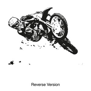 May include: A black and white illustration of a motocross rider performing a trick on a dirt bike. The rider is upside down with the bike's front wheel in the air.