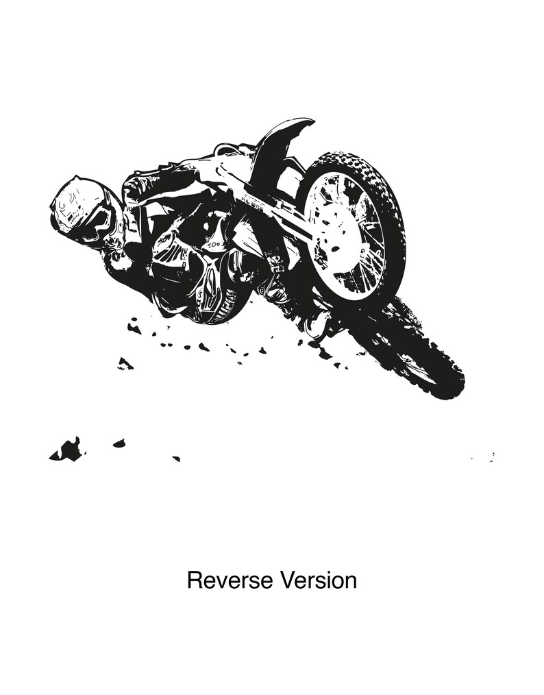 May include: A black and white illustration of a motocross rider performing a trick on a dirt bike. The rider is upside down with the bike's front wheel in the air.