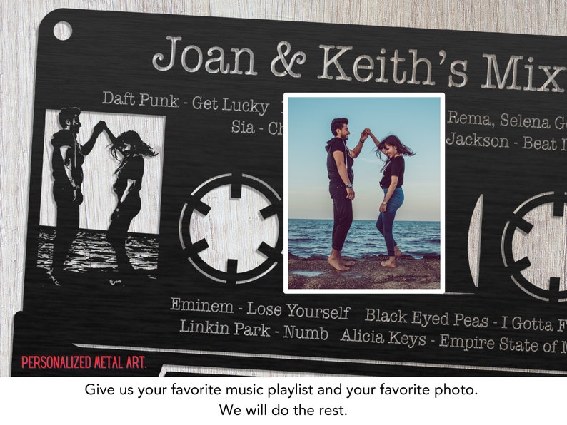May include: A black metal cassette tape design with a couple dancing on the beach in a photo cutout. The text "Joan & Keith's Mix" is at the top of the design. The cassette tape has a list of songs on it, including "Daft Punk - Get Lucky", "Sia - Ch", "Rema, Selena G", "Jackson - Beat D", "Eminem - Lose Yourself", "Black Eyed Peas - I Gotta F", "Linkin Park - Numb", and "Alicia Keys - Empire State of I".