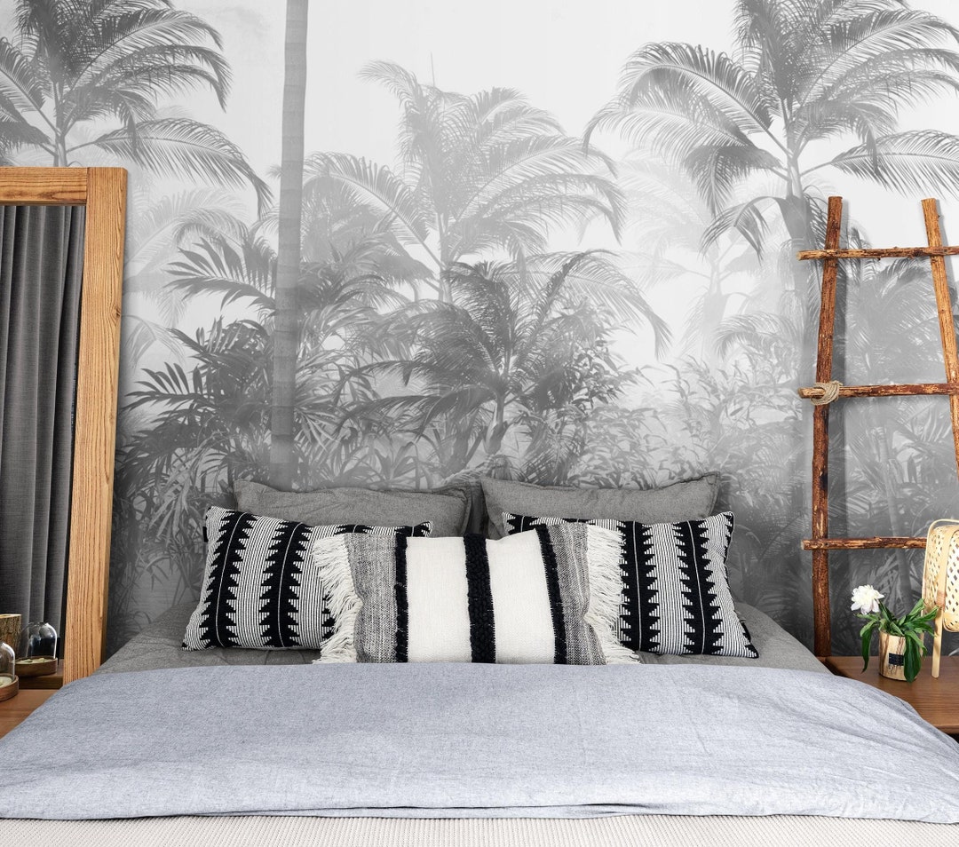 Elegant Black and White Tropical Forest Palm Trees Wallpaper Mural ...