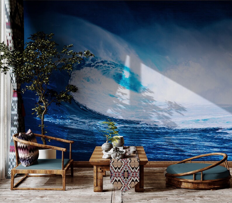 Surf Wave Wallpaper Peel and Stick Mural. Blue Ocean Waves Wall Mural ...