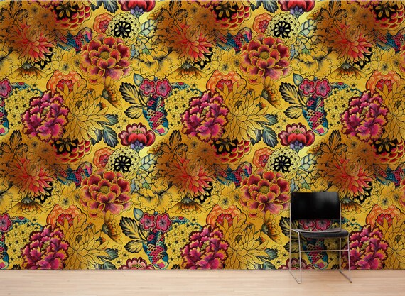 Japanese Art Koi Fish Peel And Stick Wallpaper Gold Flowers Etsy Singapore