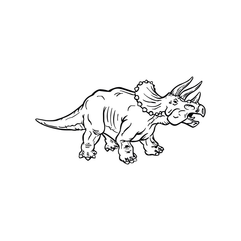 K&ouml;nnte beinhalten: Schwarz-wei&szlig;-Zeichnung eines Triceratops-Dinosauriers mit drei H&ouml;rnern auf dem Kopf und einem Nackenschild.