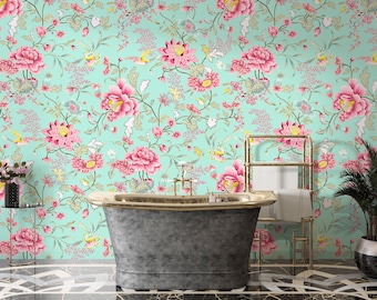 Botanical Mint Green Wallpaper, Flower Pattern Wall Mural. Tropical Floral Peel and Stick Boho Wildflower Wallpaper. Bathroom Decor. #6387