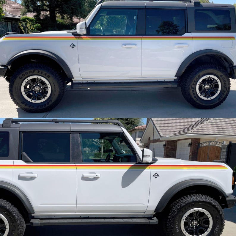 Ford Bronco 3 Color Bar Stripes Decal Sticker. 3M Premium Gloss Vinyl. Red, Orange, Yellow Racing Side Stripes. Retro Ivan Stewart Stripes. #6953