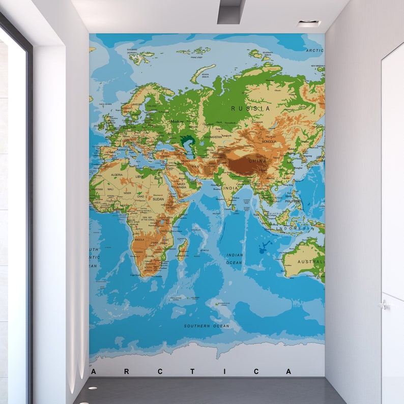 Large blue World Map Wall Mural. Wall Covering. Simple Peel Etsy