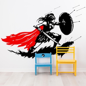 Spartan in Battle Wall Decal. Female Gladiator Wall Decal. Greek Sparta Warrior Wall Sticker. Battle Scene, Gym, Game Room Decor. #6978
