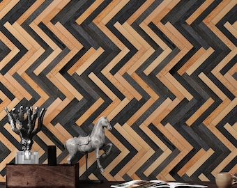 Modern Wooden Zigzag Panel Wallpaper Mural. Home Office Wooden Decor. Rustic Farmhouse Cabin Decor. Country Theme Decor. #6736