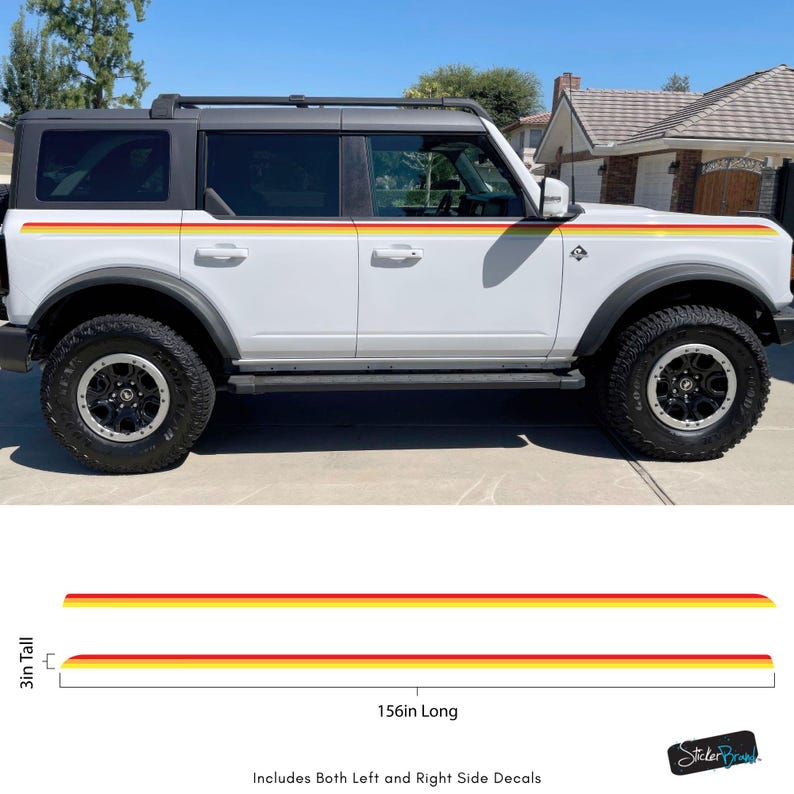 Ford Bronco 3 Color Bar Stripes Decal Sticker. 3M Premium Gloss Vinyl. Red, Orange, Yellow Racing Side Stripes. Retro Ivan Stewart Stripes. #6953