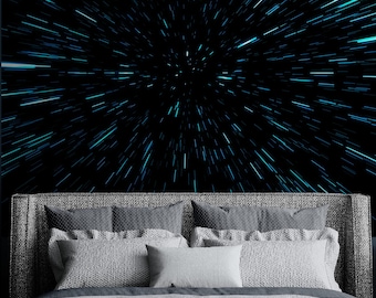 Light Speed Through Hyperspace Wall Mural Peel and Sticker Wallpaper Kid's Room Decor Futuristic Fantasy Space Wormhole Background. #6286