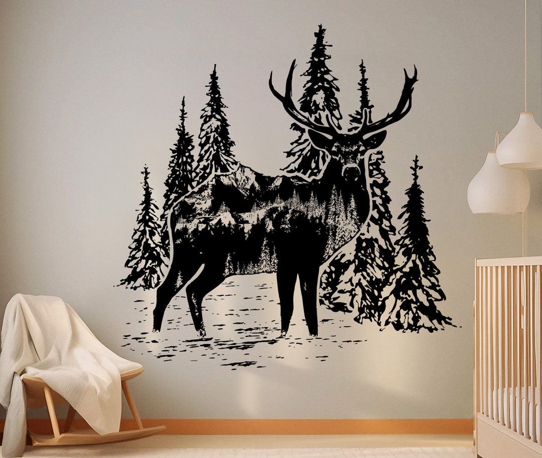 Farmhouse Wall Decal. Deer in Forest Wall Sticker. Mountain Theme Decor ...