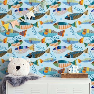 Fish Print, Fish Art, Underwater Fish Wallpaper Peel and Stick Wall Mural Colorful Tropical Fish Pattern. Beach Sea Life Wallpaper. #6540