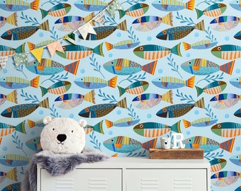 Fish Print, Fish Art, Underwater Fish Wallpaper Peel and Stick Wall Mural Colorful Tropical Fish Pattern. Beach Sea Life Wallpaper. #6540