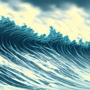 Papier peint peinture abstraite grande vague. Vague de la mer bleue. Papier peint autocollant. Art mural japonais. Papier peint amovible. #6486