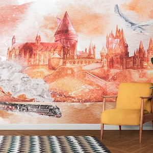 Wizard Wallpaper, Owl Wallpaper, Magic Fantasy Wallpaper, Nursery Wallpaper, Kids Wallpaper, Train Wall Mural Peel and Stick Wall Art #6373