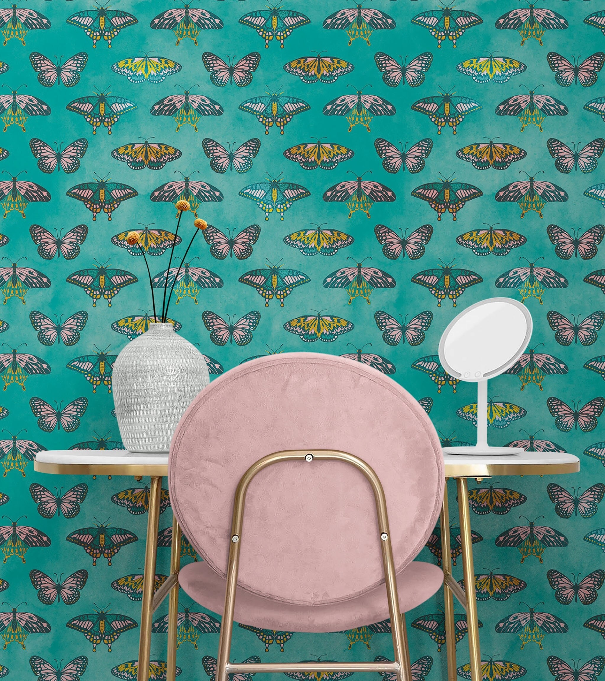 Butterfly Pattern on Green Background Wall Mural. Retro Design. Bedroom ...