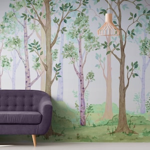 Forest Wallpaper Colorful Watercolor Birch Tree Forest Peel and Stick Wallpaper Self Adhesive Nursery Decor Woodland Forest Wall Mural #6527