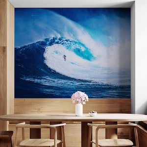 Surfer Wall Art. Surf Wave Wallpaper Peel and Stick Mural. Blue Ocean Waves Wall Mural. Seaside, Beach Theme, Beach House Decor. #6881