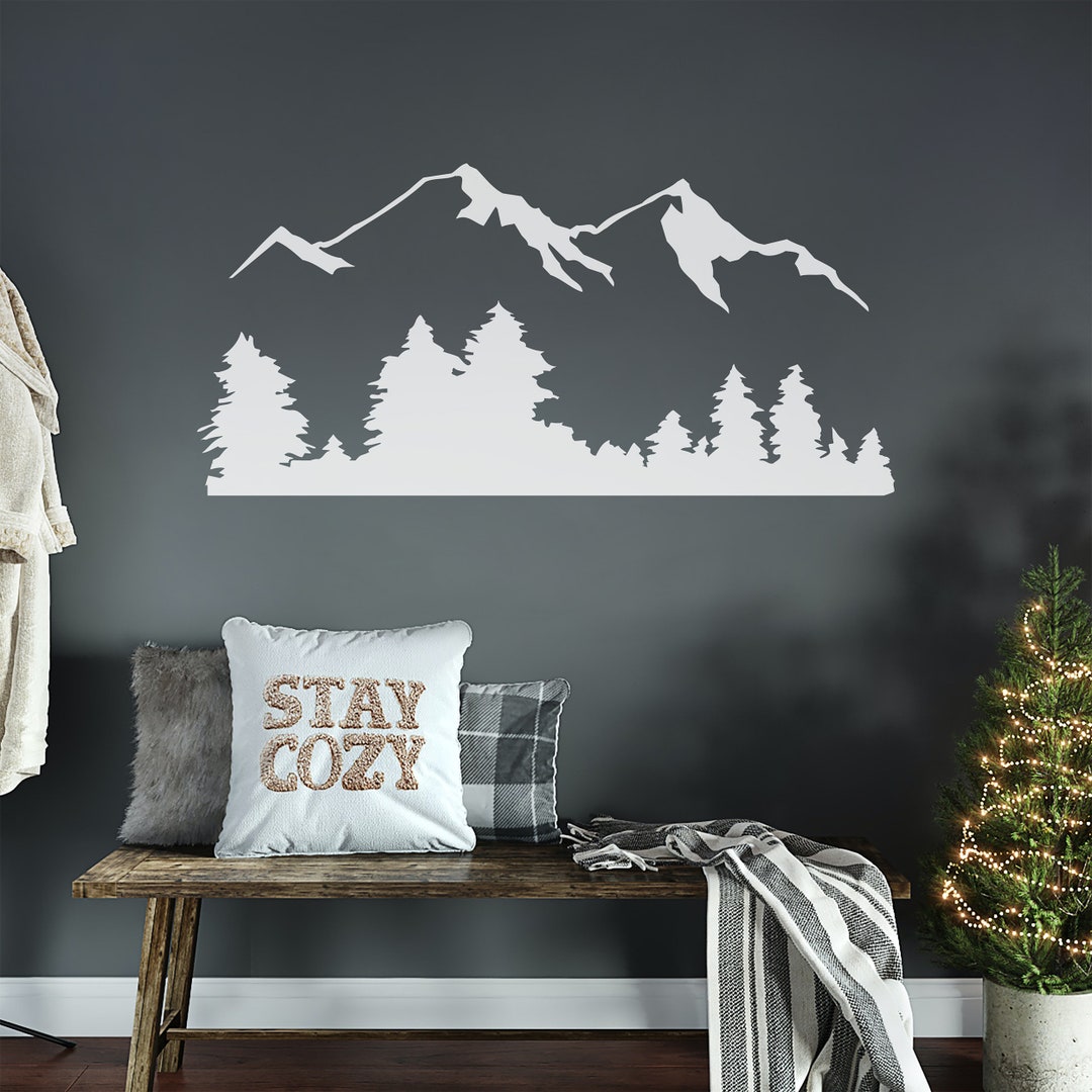 Woodland Wall Decor. Snow Mountain Wall Decal. Forest Trees Wall Decal