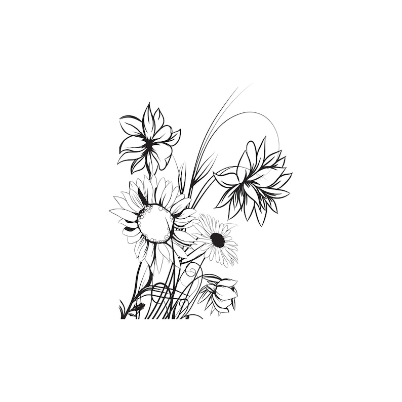 Op de afbeelding: Zwart-witte lijntekening van een boeket bloemen, waaronder zonnebloemen, madeliefjes en andere wilde bloemen.
