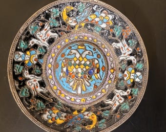 Vintage Cloisonné Imperial Russian style enamel brass plate