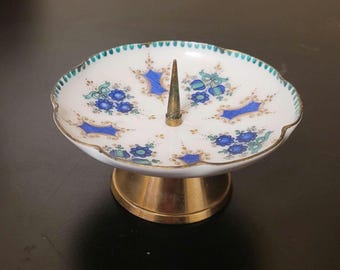 Vintage Arta Austria enamel on metal candle holder/ ring dish, featuring a blue and white design with a brass base