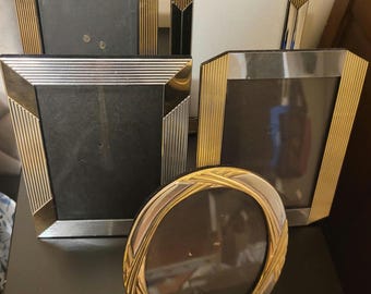 Vintage Art Deco Revival photo frames with mixed metals brass and chrome in geometric design with a distinctive ribbed texture
