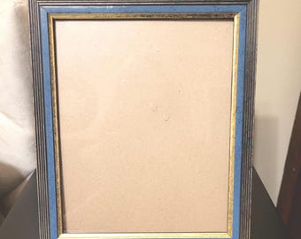 Vintage multi-tone wood frame design with vibrant blue & gold accents