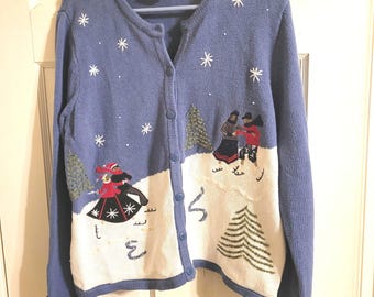 Vintage 90s Christmas Cardigan: Embroidered Snow Scene, Size Large