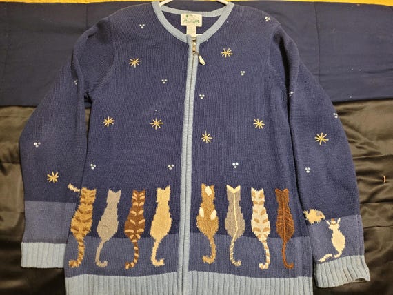 Vintage blue Quacker Factory zip-up cardigan featuring embroidered cats under a night sky.