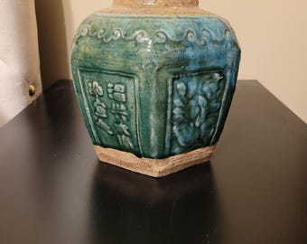 Antique Chinese Shiwan pottery green-glazed ginger jar.
