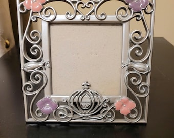 Vintage Pewter Connoisseur Picture Frame  with Enamel Flowers and Cinderella Carriage