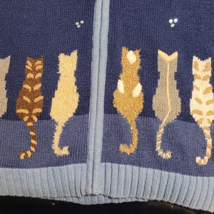 May include: A navy blue zip-up knit cardigan featuring a row of textured cat silhouettes in various shades of brown, tan, and cream. The cats are depicted from behind, and small silver sequins are scattered above them on the dark blue fabric.