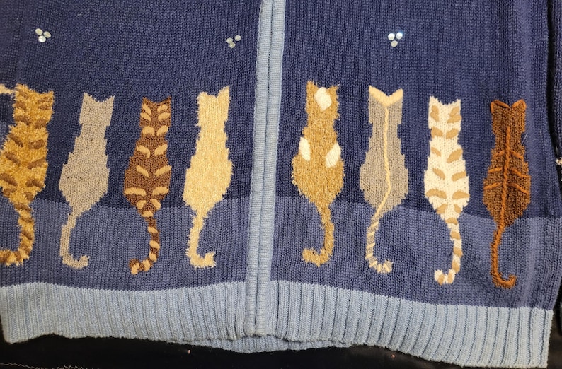 May include: A navy blue zip-up knit cardigan featuring a row of textured cat silhouettes in various shades of brown, tan, and cream. The cats are depicted from behind, and small silver sequins are scattered above them on the dark blue fabric.
