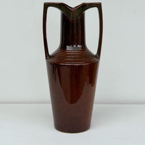 Antique Amphora Vase, Grecian Egyptian Revival Art Pottery, Double Handle Brown Glaze, Early 1900s