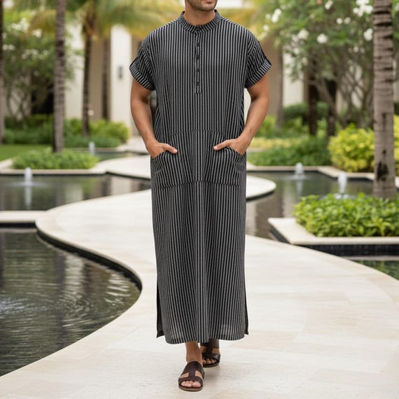 Men's Striped Short Sleeve Islamic Kaftan V-neck Casual Arabic