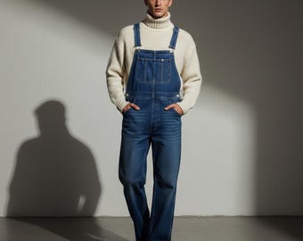 メンズ バギーデニムオーバーオール ストリートカジュアル ルーズフィット ウォッシュドブルー ジャンプスーツ ダンガリー
