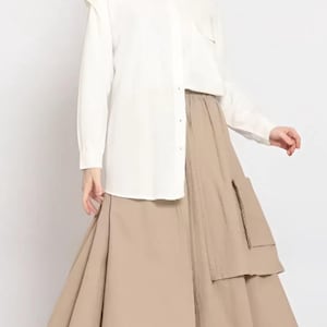 Linen Crinkle Maxi Skirt with Pockets – Layered Flowy Modest Skirt for Women | Japanese Cotton Inner | Elastic Waist | Hijab Outfit