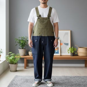 May include: Two-tone work overalls. The top half is olive green, and the bottom half is dark blue denim. The overalls have large pockets and adjustable straps. The person is wearing a white t-shirt underneath.