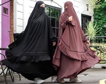 Ruffle Lace Eid Abaya Set: French Khimar, Niqab, Modest Muslim Dress