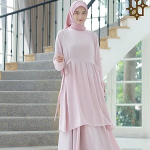 Modest Polysilk Shimmer Dress Set for Women - Muslim Maxi Tunic & Skirt Outfit, Long Sleeve Eid Wear, Soft Breathable Fabric
