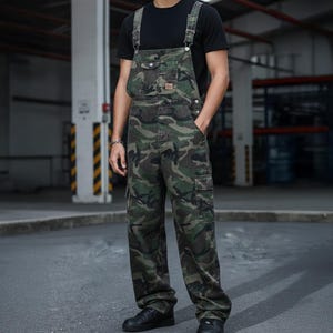 Men's slim-fit camouflage denim bib overalls with adjustable shoulder straps and multiple pockets in an urban streetwear design