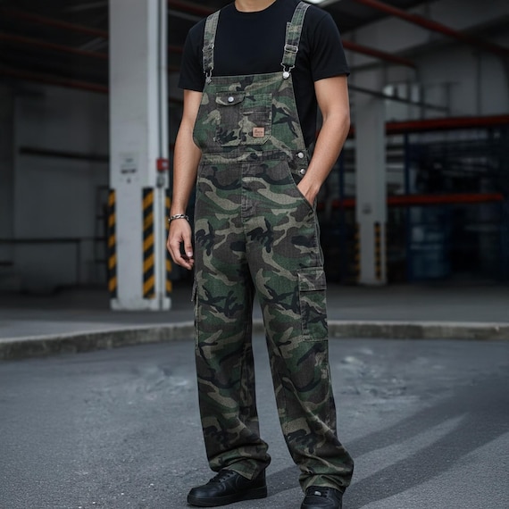 Men's Slim Fit Camouflage Denim Overalls Urban Streetwear Camo Bib Dungarees