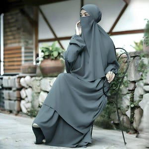 Oozing Tunic & Skirt with French Khimar Set Premium Islamic Outfit for Women Hijab Modest Garments Bisht Style Muslim Ramadan Prayer Wear