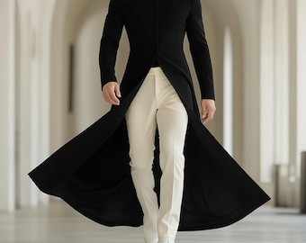 Blazer lungo con volant e colletto rialzato minimalista per uomo, stile streetwear, cappotto alla moda autunnale