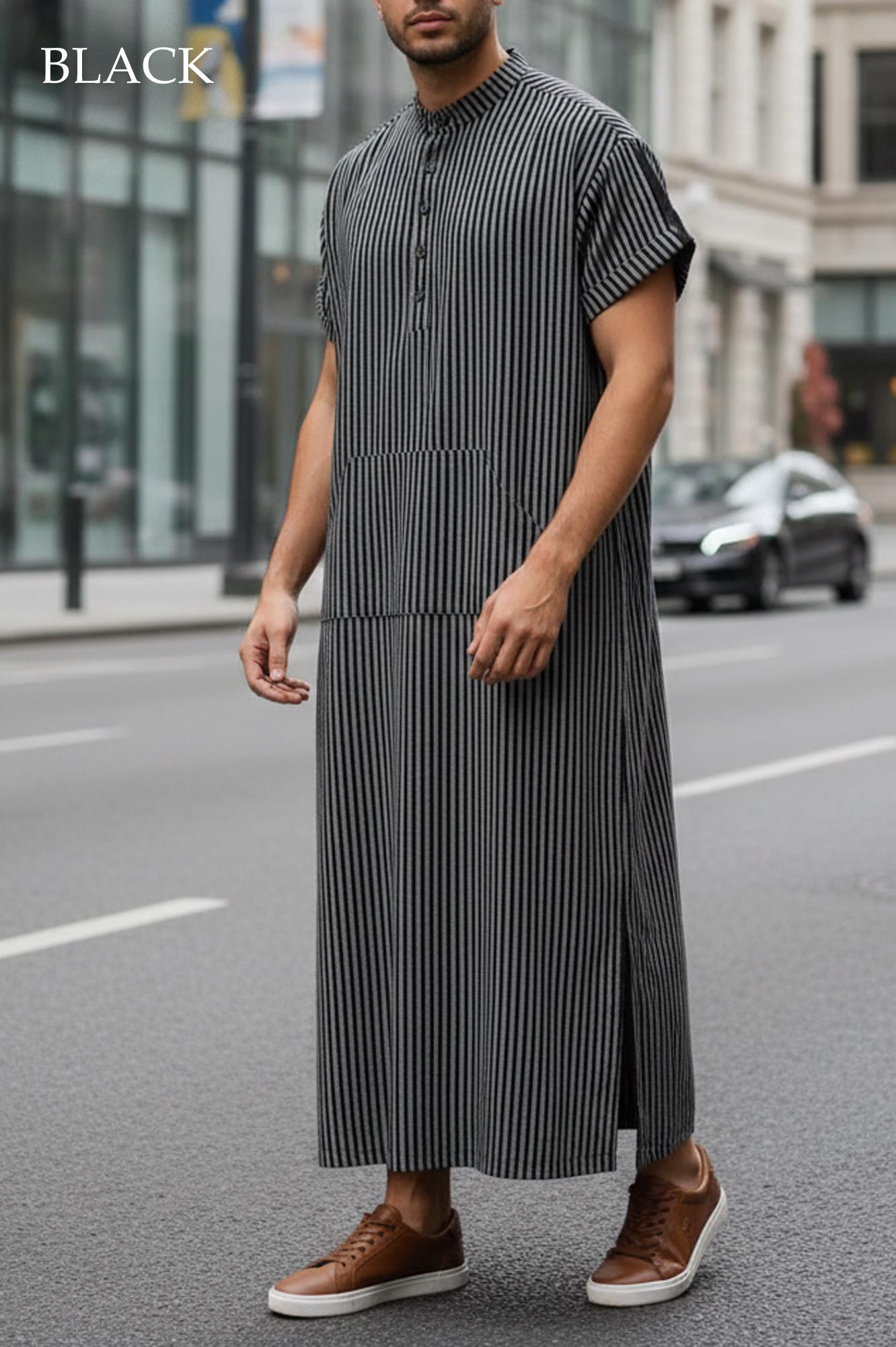 Men's Striped Short Sleeve Islamic Kaftan V-neck Casual Arabic