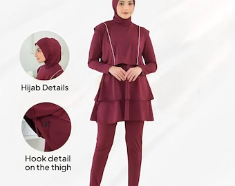Conjunto de traje de baño modesto: hiyab musulmán, túnica y leggings - Poliéster y elastano con protección solar